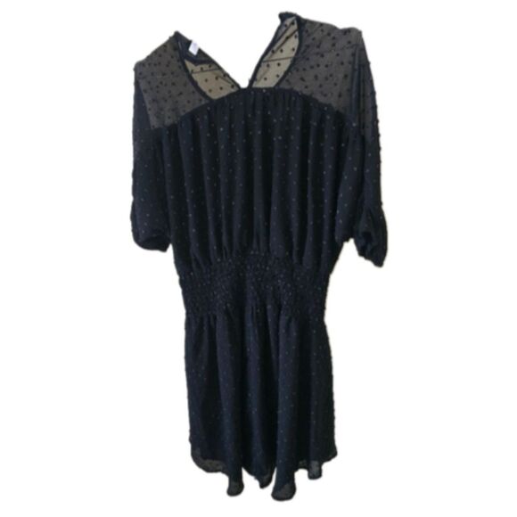 Francesca's Collections Black Boho Style Swiss Dot Short Sleeve Dress - Picture 2 of 3